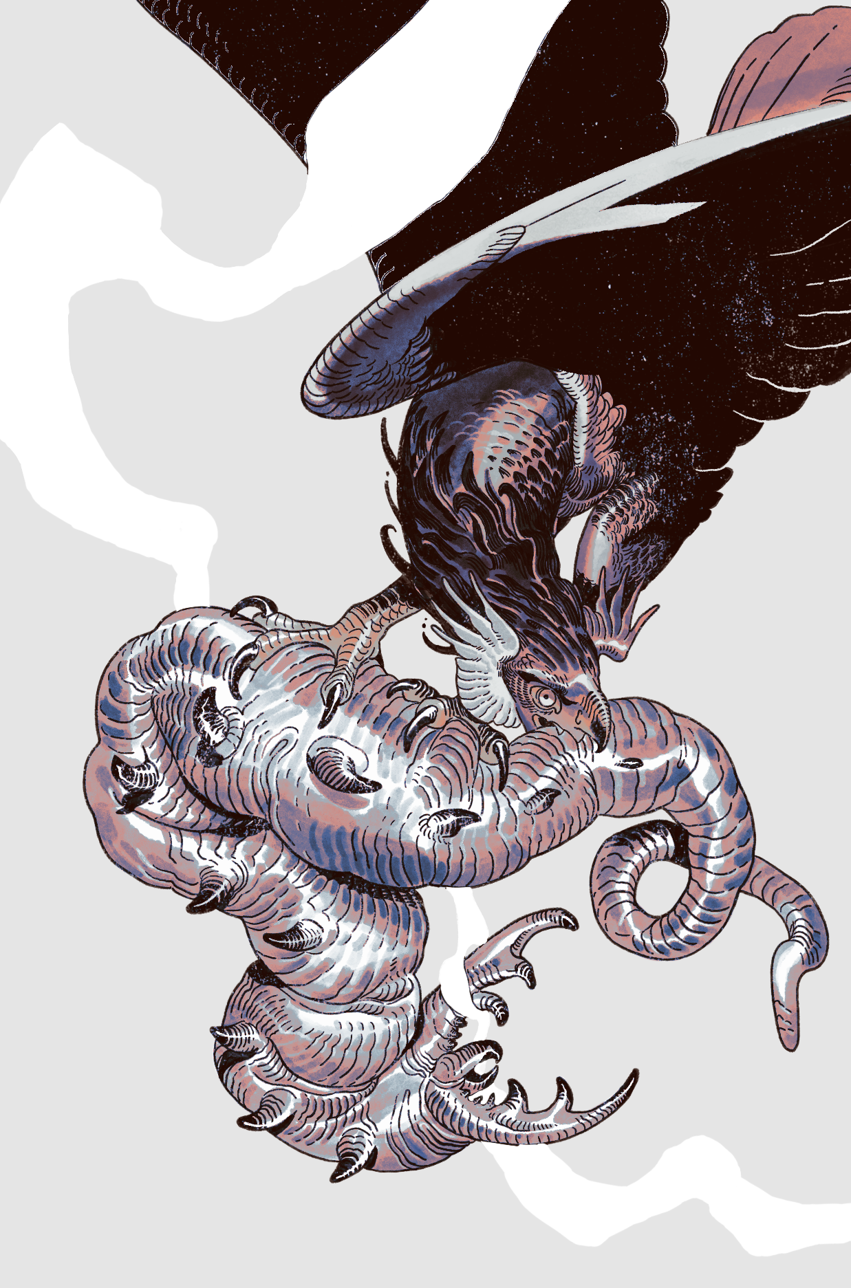 Cropped art showing a harpy with a large hooked beak attacking a creature resembling a bobbit worm. The harpy clings onto it in mid-air with his talons. A twisting skein of smoke surrounds them.