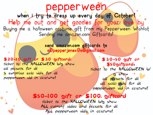 o0pepper0o:  LAST WEEK FOR THIS AMAZING WISHLIST AND AMAZON GIFTCARD DEAL! *Send giftcards to o0pepperjones0o@gmail.cominclude your email in giftcard note*Gift senders please send me an email after purchase claiming your gift. Rewards will be sent when