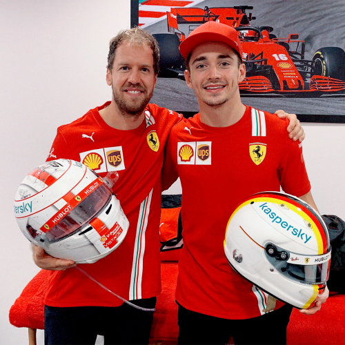 pinsaroulettes: Sebastian Vettel and Charles Leclerc swapping helmets after the 2020 Abu Dhabi Grand