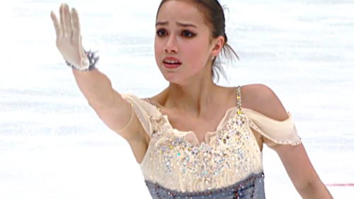 Russia’s Olympic Champion Alina Zagitova takes the lead after Ladies Short Program.Zagitova skating 