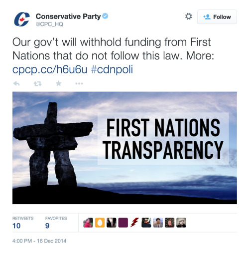petewentzthisway:decolonizingmedia:Harper Conservative Government Brags About Punishing First Nation