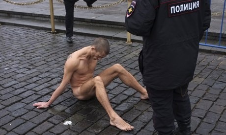  Artist Pyotr Pavlensky nails testicles to floor in protest  “A naked artist, looking at his balls nailed to the Kremlin pavement, is a metaphor for the apathy, political indifference, and fatalism of contemporary Russian society.”