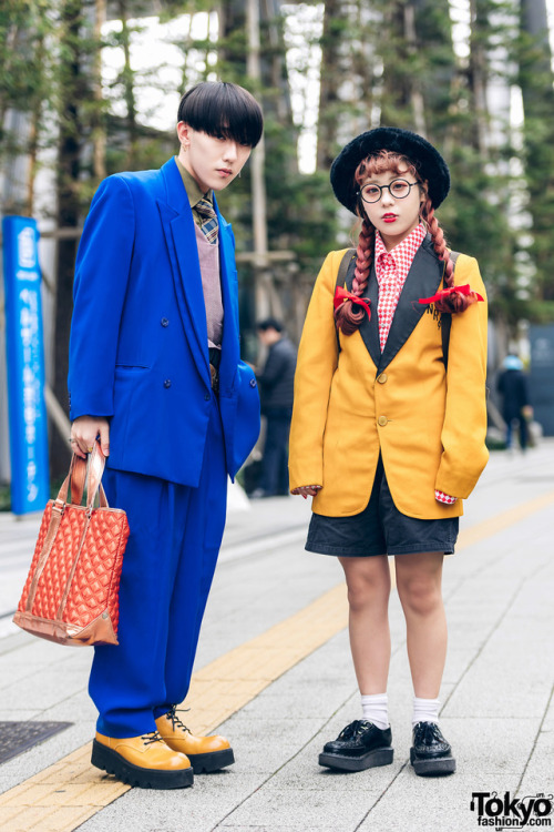 Tokyo fashion students Ibu and Banana on the street in Shibuya wearing mostly vintage fashion includ
