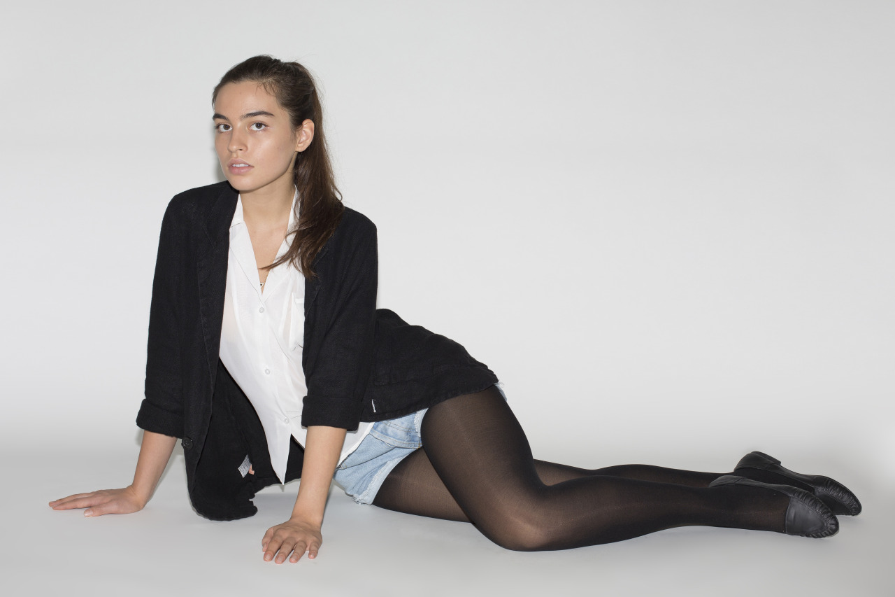 americanapparel:  Maryam in the Linen Blazer, Jean Shorts &amp; Tights.  rb because