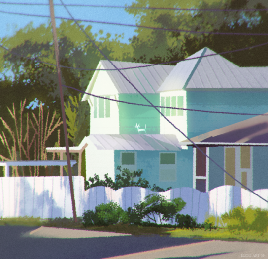 elioli-art:  The top four were inspired by some photos we took around Hollywood and Glendale (our 25 floor at DreamWorks Central building) and the blue house is from St. Simons GA. Oh yeah, and they need a subject matter, so…cats? 