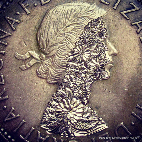 itscolossal:Elaborate Floral Scrollwork Engraved on Coins by Shaun Hughes
