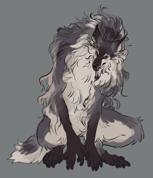 a long, lanky werewolf sitting crouched, with long flowing fur and a small amount of blood dripping from their mouth.