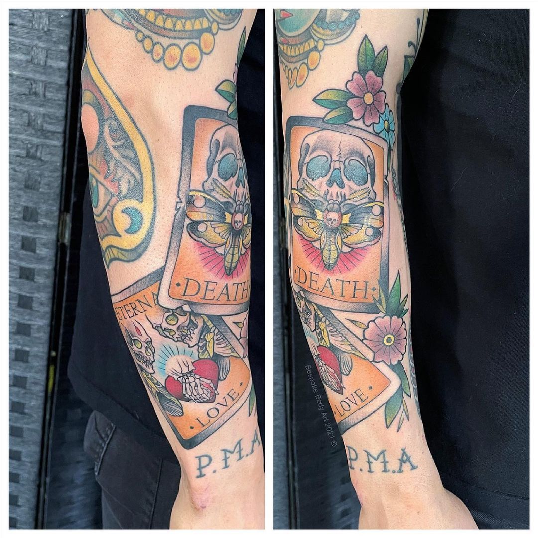First session for my tarot card and rose sleeve done by Chris at Low Light  Studios in California  rtattoos