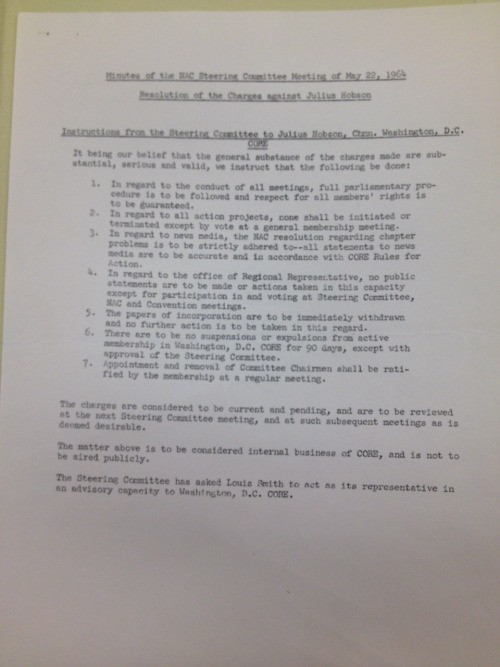 DC CORE Steering Committee Meeting Minutes On The Expulsion Of Julius Hobson, May 22, 1964