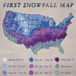 maptitude1:  This map shows the day of first snowfall across the United States. 