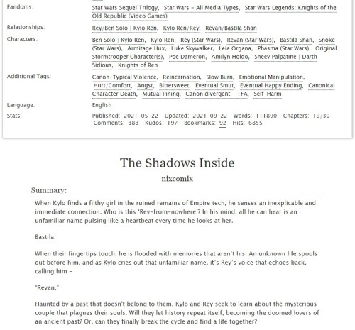  Chapter 20 - “The Shadows Inside” Exegol. https://archiveofourown.org/works/31447058/ch