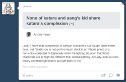 angelasongmueller:  bryankonietzko:  This past Friday I published this post which featured a photo of a monitor showing Katara and Aang’s grown-up children, Bumi, Kya, and Tenzin. Later that night at work I saw Colin’s answer to an anonymous “ask&quot;