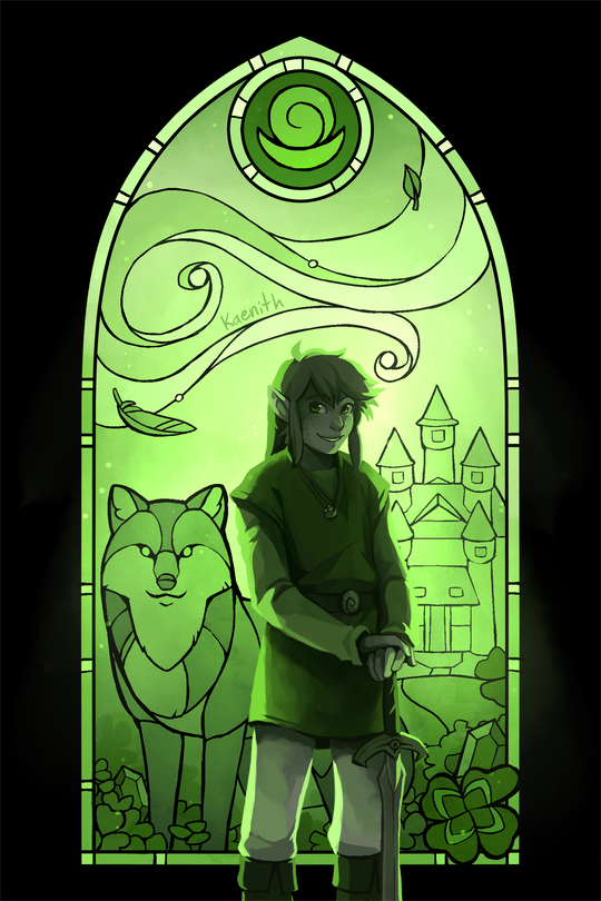 A drawing of Green from Four Swords, standing in front of a stained glass window depicting a wolf, a castle, and a field of clover, with wavy wind-like designs over his head.