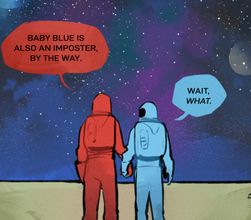 myownworldstayout:velinxi:[among us] blue crewmate and his red imposter friend that stalks him to pr