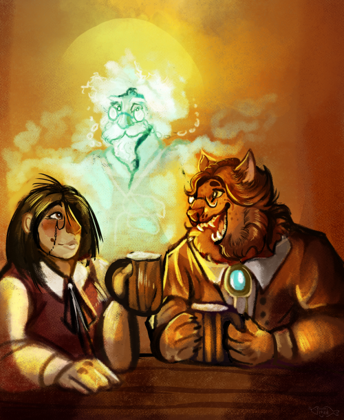 Cheers![Id: A digital painting of the main characters of Taz: Dust sitting around the table with dri