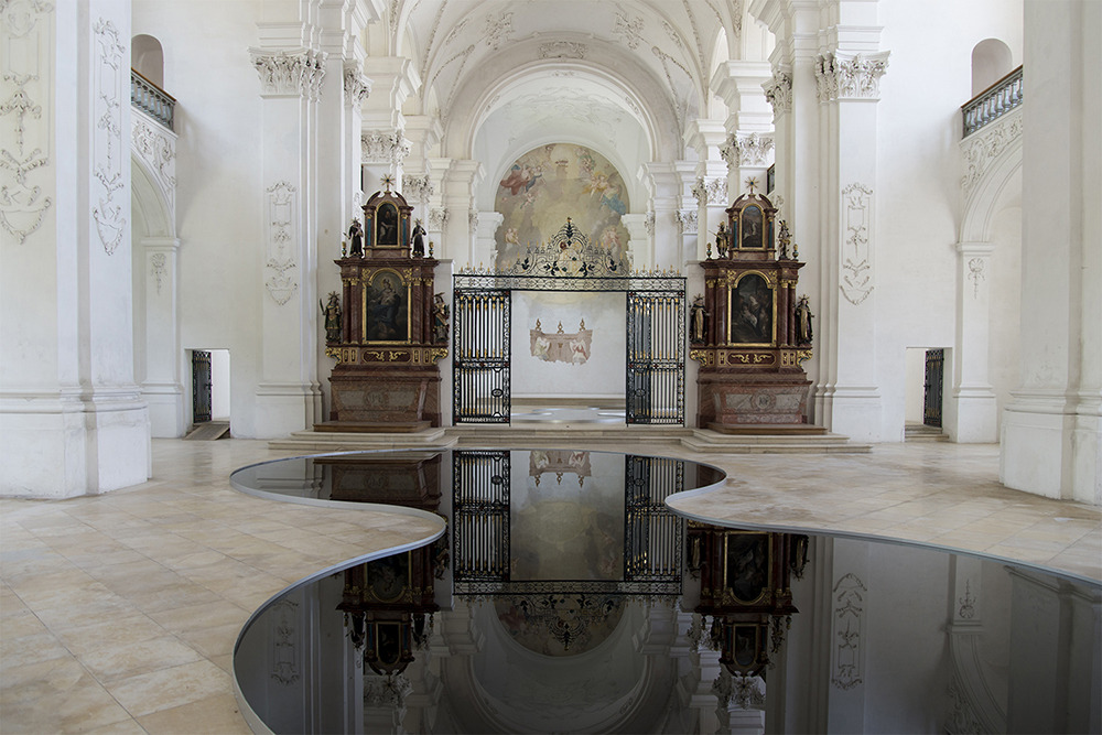 arpeggia:  Romain Crelier - La Mise en Abîme, 2013, used oil, metal, at the Abbey-church