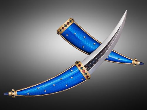 art-of-swords:  Handmade Daggers - Blue Crescent Designer: Yuri Sarkisyan  Medium: Damascus with nickel, gold, silver, diamonds, tourmaline, rhodolite Techniques: forging, tapping, soldering, jewel fastener, hot enamel In assembled view the dagger has