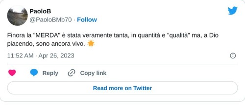 Finora la "MERDA" è stata veramente tanta, in quantità e "qualità" ma, a Dio piacendo, sono ancora vivo. 🌟  — PaoloB (@PaoloBMb70) April 26, 2023