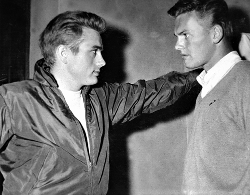 sparklejamesysparkle: Tab Hunter visits James Dean on the set of Rebel Without a Cause in 1955.