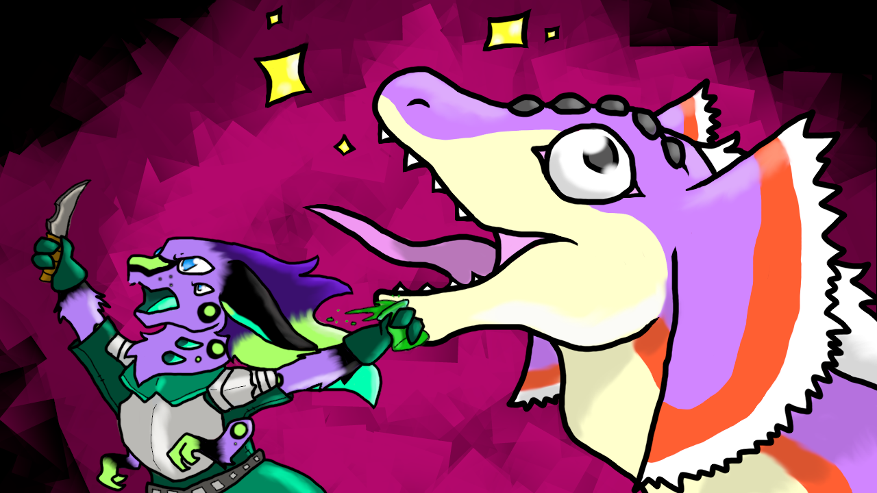 Behold, my twitch banner/first video thumbnail. In front shows an angy gamma Antarean (Mariri) with the visage of Wubble (a Great Jaggi from Monster Hunter) roaring behind her.
And no, I have no clue what the lighting is doing. It looked cool so it...