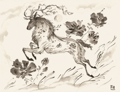 Deer and Wolf. brush and pen on watercolor paper.~fiona hsieh