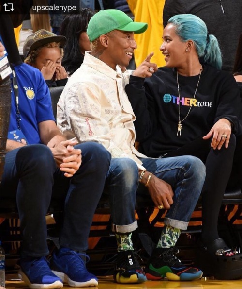 Repost from @upscalehype @Pharrell sits courtside with @lbuddy22 at @houstonrockets vs @warriors gam