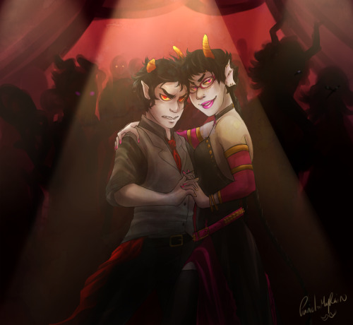 cyphercat: omgmegami: panicismyrain: ::Commission:: of Meenah and Karkat dancing! holy shit look at 