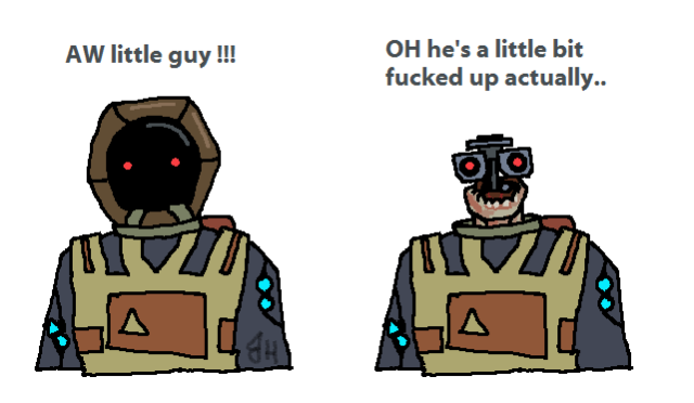 Two drawings of Simon from the game Soma, wearing the ductile diving suit, from the chest up. In the first one, he wears the suit helmet, only showing his red dot eyes. It's labelled "AW little guy !!!" The second drawing is of him without the helmet, revealing the robotic pieces around the "eyes," as well as the human bottom jaw it's connected to. This one is labelled "OH he's a little bit fucked up actually .." The background is white.