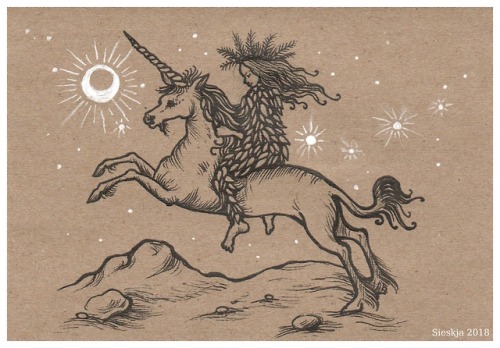 Unicornes - black and white gel pens on sepia paper (10*15cm)After the Atlas of Flamsteed (XVIIth ce