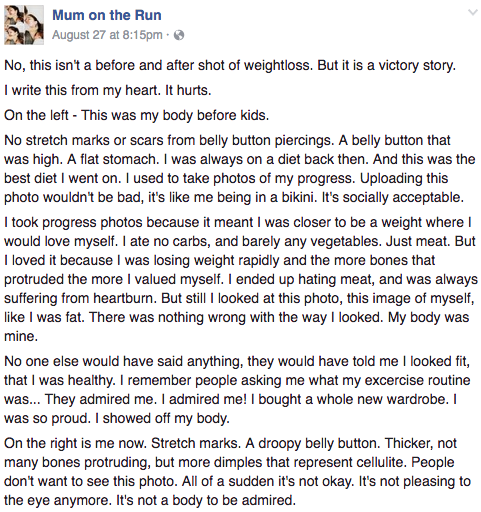 this-is-life-actually:  This mom’s viral photo is a necessary reminder that ‘skinny’ doesn’t always mean ‘healthy’ Mommy blogger Laura Mazza, who goes by “Mum on the Run,” might not be as thin as she was before she had children but that