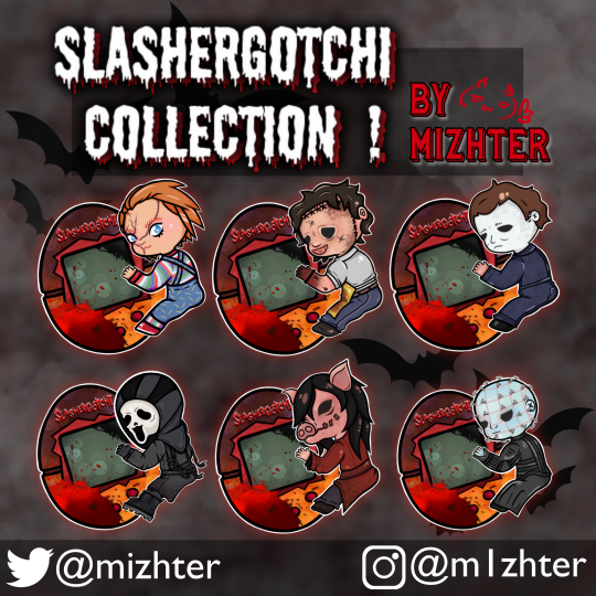 mizhter:🪓welcome all to the virtual pets of ur nightmares…🪓jk! but these dead by daylight (+ chucky) slasher stickers are available on my redbubble! ✨