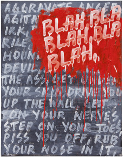 actegratuit:  Mel Bochner.  Voiceover, 2006-2012; Going Out of Business, 2012 oil on canvas; 36 x 28 in. Pergamont Collection. Artwork © Mel Bochner. Strong Language, currently on view at the Jewish Museum, NY, chronicles Mel Bochner’s longstanding