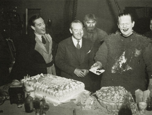 doraemonmon:cake for the monsterSon of Frankenstein - Karloff celebrating his 51st birthday on the s