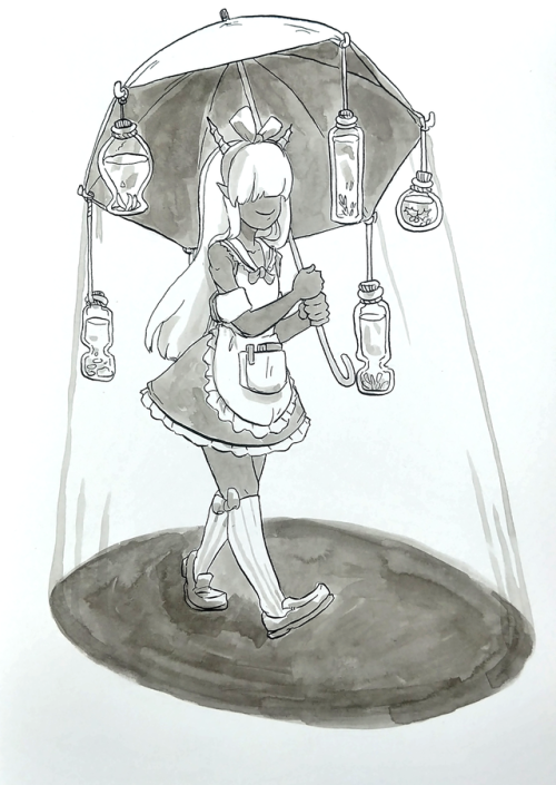 Inktober day 19: Shadow monster merchant. She sells potions under her parasol.