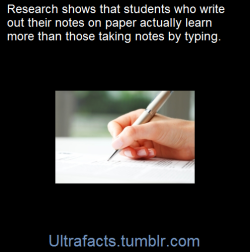 ultrafacts:  From this article: [x]As in other studies, students who used laptops took more notes. In each study, however, those who wrote out their notes by hand had a stronger conceptual understanding and were more successful in applying and integrating