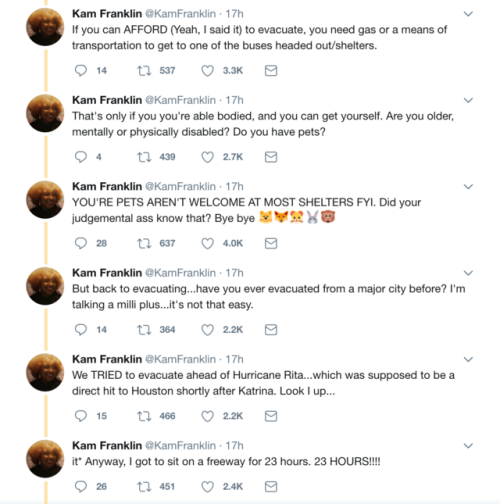 tempestshakes01:  Kam Franklin’s twitter thread explaining why HTX and surrounding areas (total population over 6 million) were not evacuated for the quick and unpredictable Harvey.