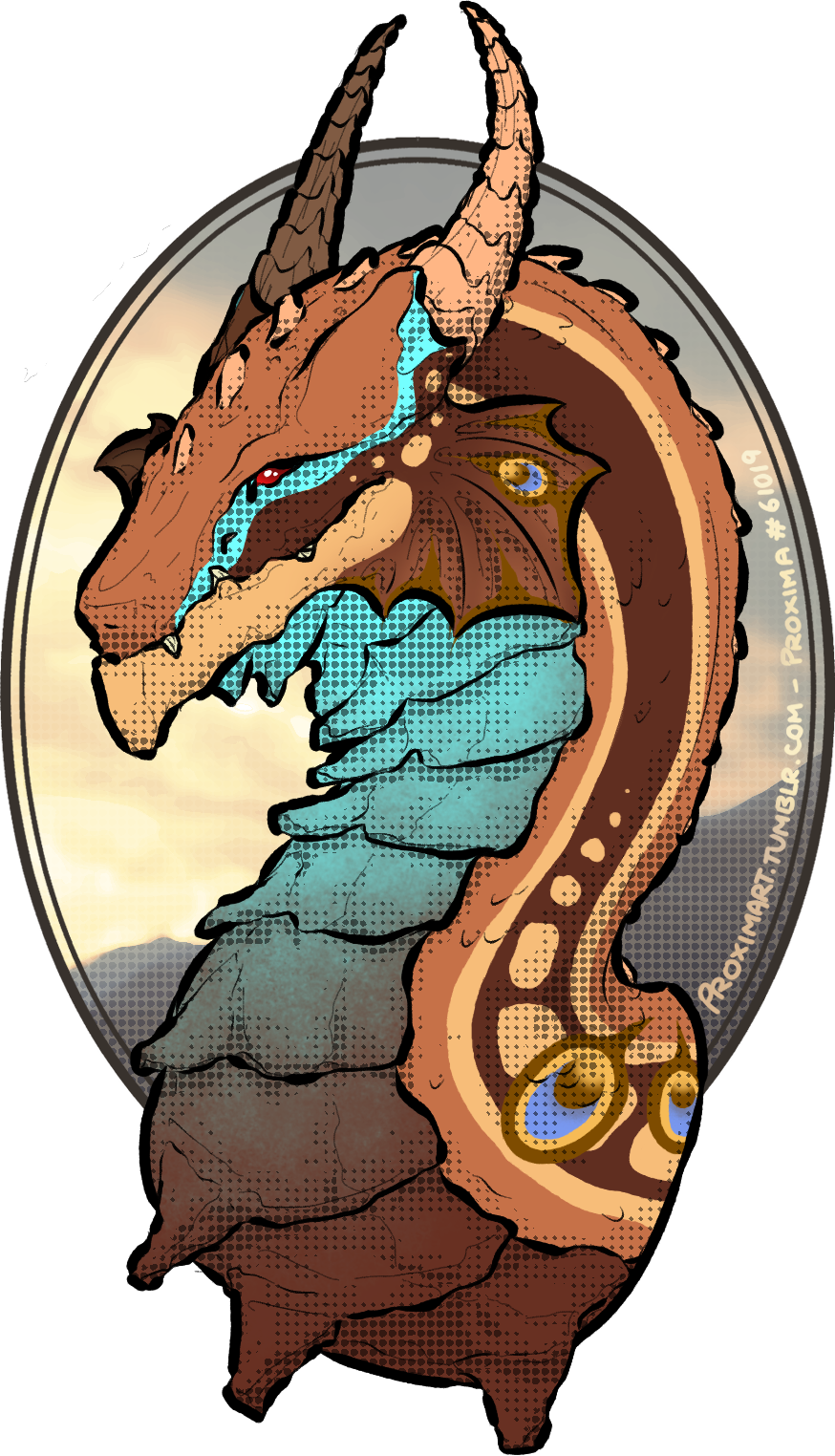 bust of a Flight Rising guardian dragon, drawn in a semi-realistic style with halftone shading. this one has caramel skink and buttercup peacock genes, and the background is a brown-framed oval with a pale gold and brown edited photo of a silhouetted hill or dune.