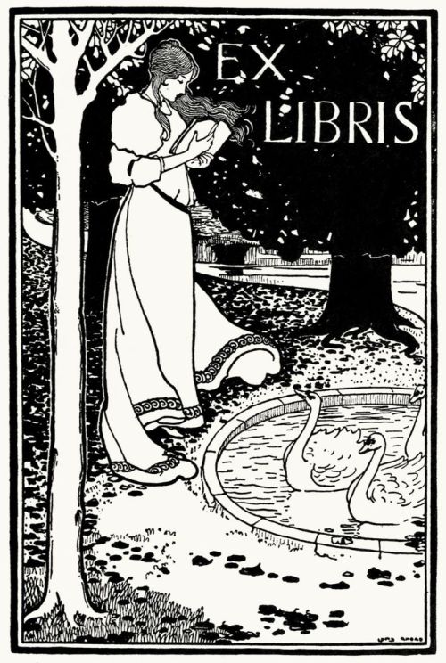 Ex-libris with swans. From A Collection of Book Plate Designs. Louis Rhead. Boston: W.P. Truesdell, 