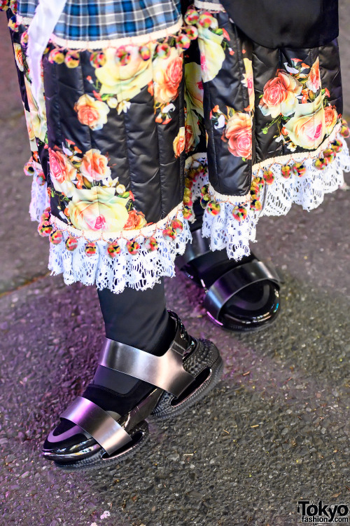 Japanese civil engineer Daishi on the street in Harajuku. His look includes a floral hat, long blaze