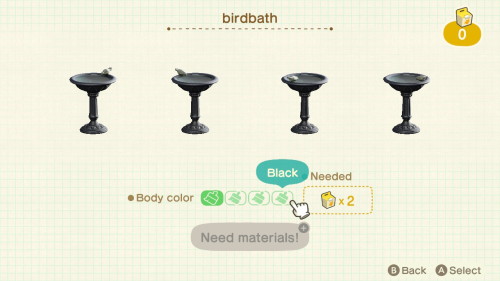 Item: birdbath# of customizations: 4Customization names: natural, red, white, blackCustom kits neede