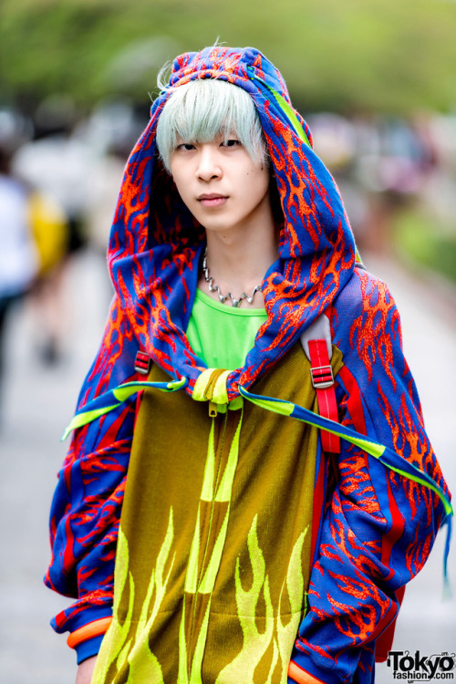 tokyo-fashion:  18-year-old Japanese fashion student Towy outside of Bunka Fashion College in Tokyo wearing colorful fashion by Bernhard Willhelm, Bernhard Willhelm sneakers, and a red Ferrari backpack. Full Look