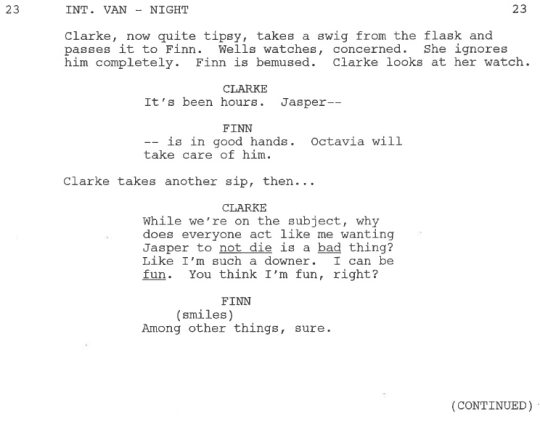 Here is our final scene of the night.  From Ep 103 “Earth Kills” written by Elizabeth Craft and Sarah Fain. Enjoy and see you next week!