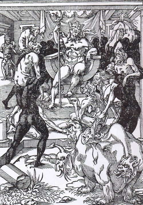 paysagemauvais:  Satan (Pluto) holding court for newly annointed witches. From Gerard d’Euphrates’ Livre de l’histoire & ancienne cronique. Printed by E. Groulleau. Paris 1549. 
