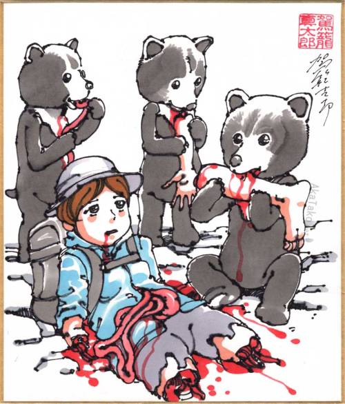 Worst hiking trip/best lunch ever.Shintaro Kago original drawing is copic marker on shikishi board. 