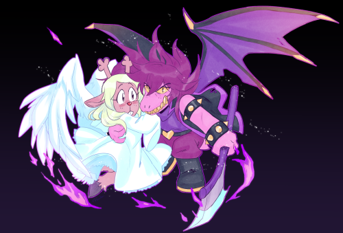drawloverlala: Just a cool drawing of Susie with dragon wings holding Noelle with angel wings ^_^