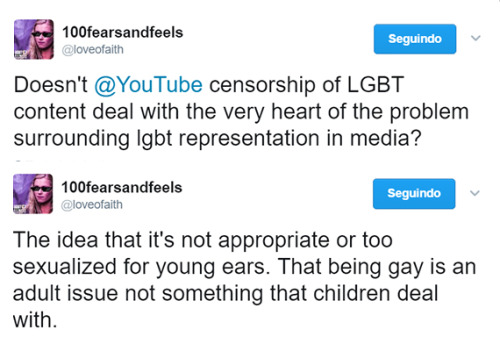 clexabrasil:We are not inappropriate. Read more tweets about the Youtube’s LGBT+ Ban.