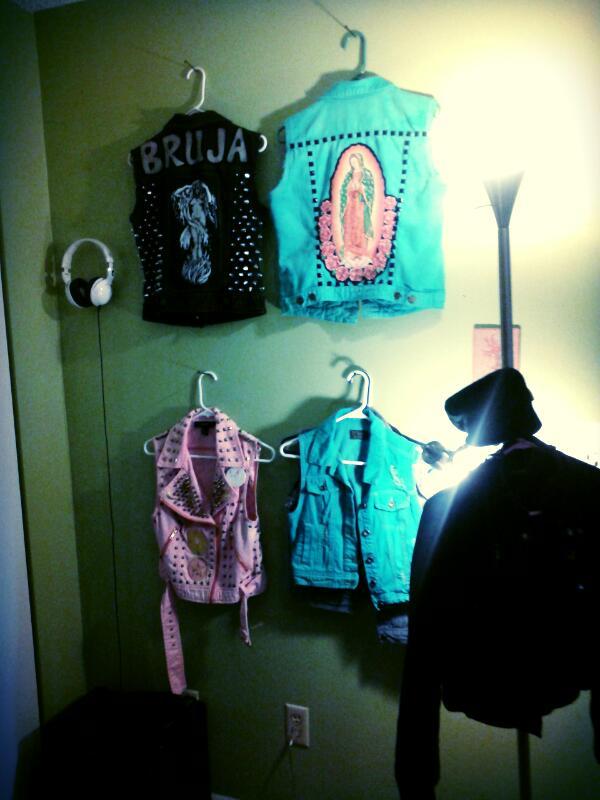 My wall of finished and unfinished projects.Currently working on that turquoise 