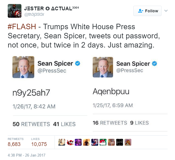   White House Press Secretary Sean Spicer accidentally tweets password two days in