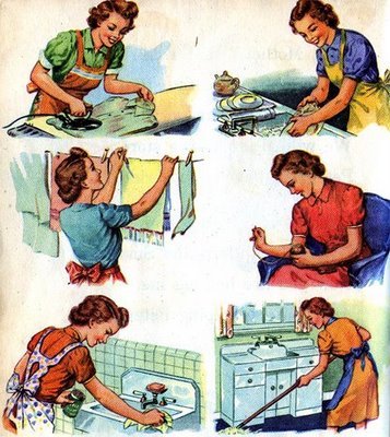 women00: Another image depicting women doing domestic services: ironing clothes (which appear to be 