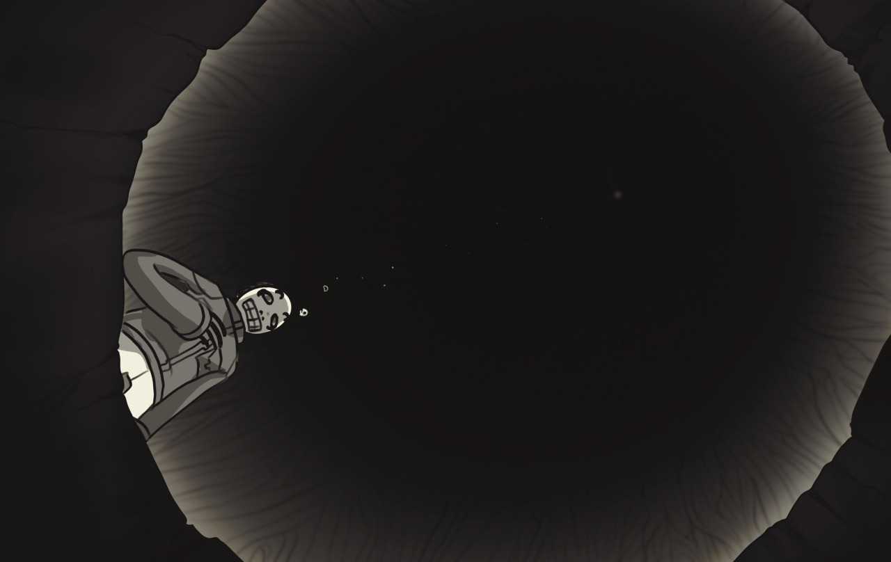 A digital drawing of Skully from the Marble Hornets comic series. They are standing over an empty black pit with a hand to their chest. The room they and the pit are in is large and foggy and the roof cannot be discerned. There are bubbles floating up from Skully's face slash mask not unlike bubbles produced underwater. END ID